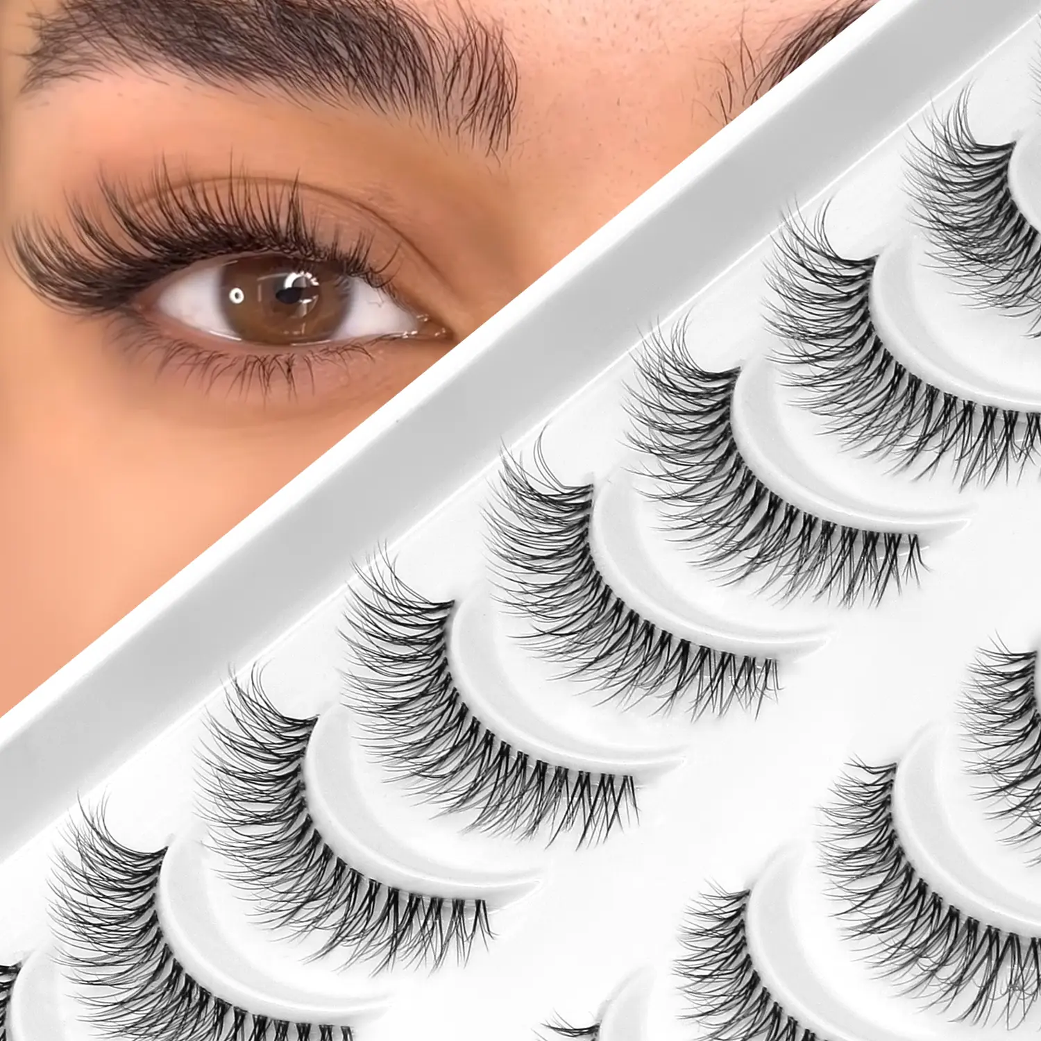GROINNEYA Cat Eye Lashes, Eyelashes Makeup Cosmetic, Natural Look False Eyelashes, Bulk Pack 5/10 Pairs, Lightweight Curled Faux Mink Eyelashes, Transparent Thin Band, Soft Wispy Effect Lashes Suitable for Daily Wear and Makeup