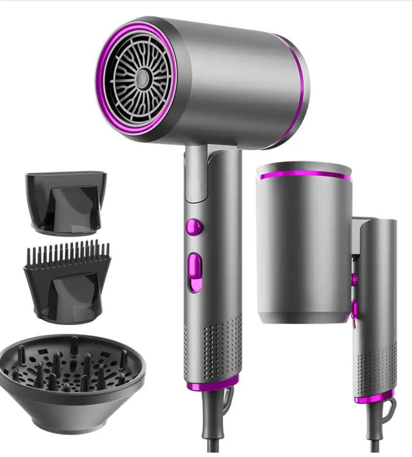 1600W Ionic Diffuser Hair Dryer - Foldable Compact Wall-Mount Model with 3 Nozzles (Concentrator/Comb), Intelligent Temp Control, Low Noise, Smooth Performance, Home & Travel Use (Grey)