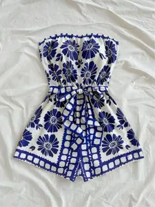 Women's Floral All Over Print Knot Front Tube Romper, Casual Sleeveless Strapless Romper for Summer, Fashion Women's Clothing for Beach Holiday Vacation, Womenswear, Belted Jumpsuit