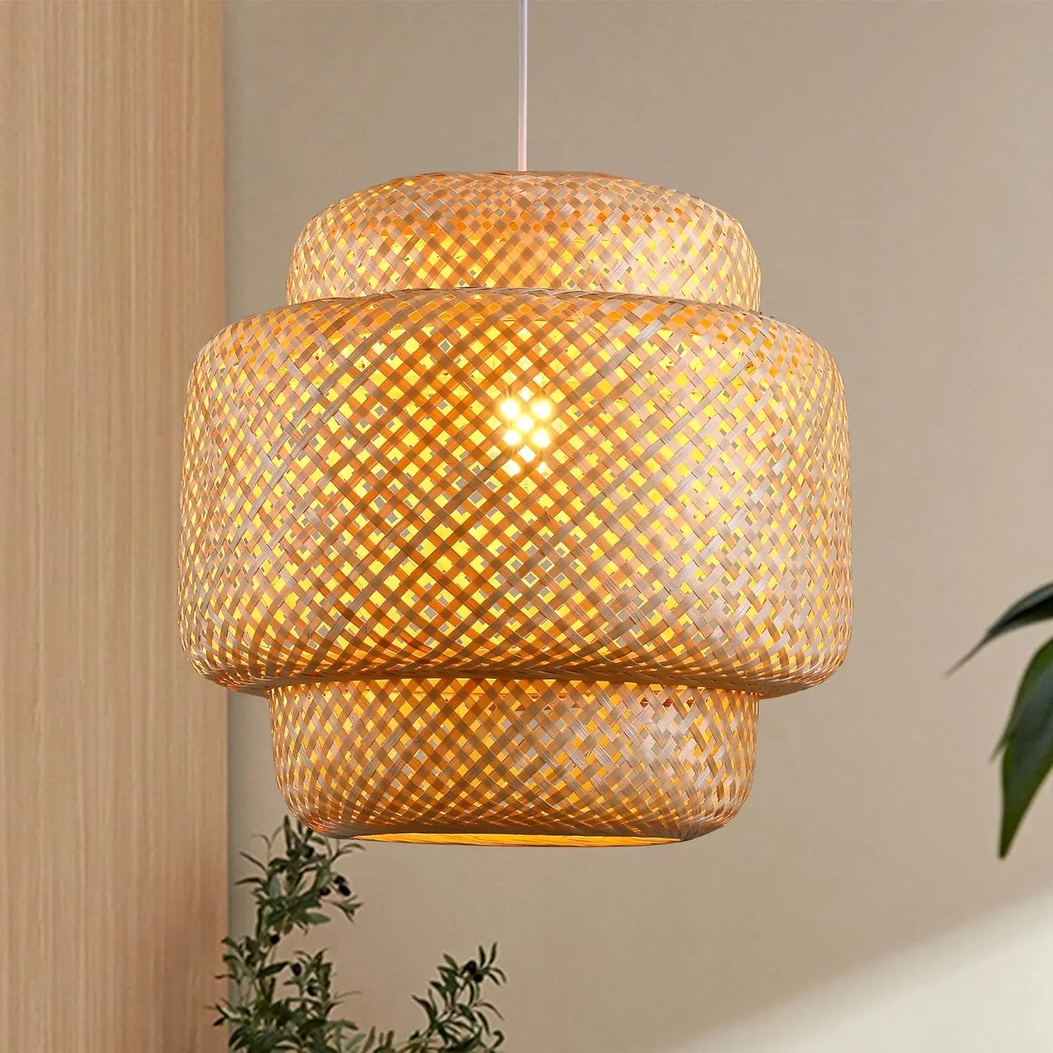 Handmade Bamboo Woven Gourd-Shaped Hollowed Pendant Light - Boho Wicker Basket Chandelier, Earthy Flameless Glowing-Lit Indoor Fixture for Home Kitchen Island, Dining Room Decor, Earthy Pendant Lights, Flameless Pendant Lights