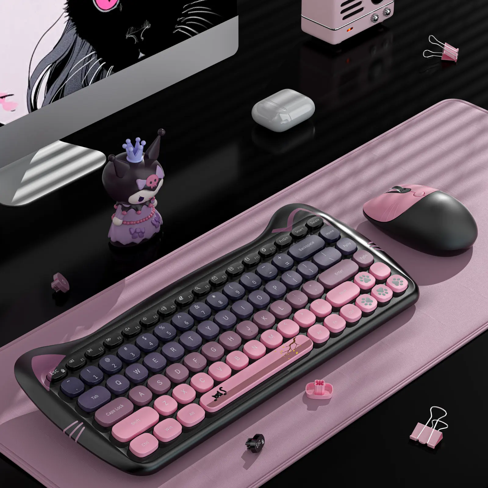 MOFii 1 Set Wireless Computer Keyboard and Mouse Combo, Cute Cat Shape, Pink Girly Office Keyboard Mouse, Plug and Play, US Qwerty, Set with Keyboard (Battery Not Included)
