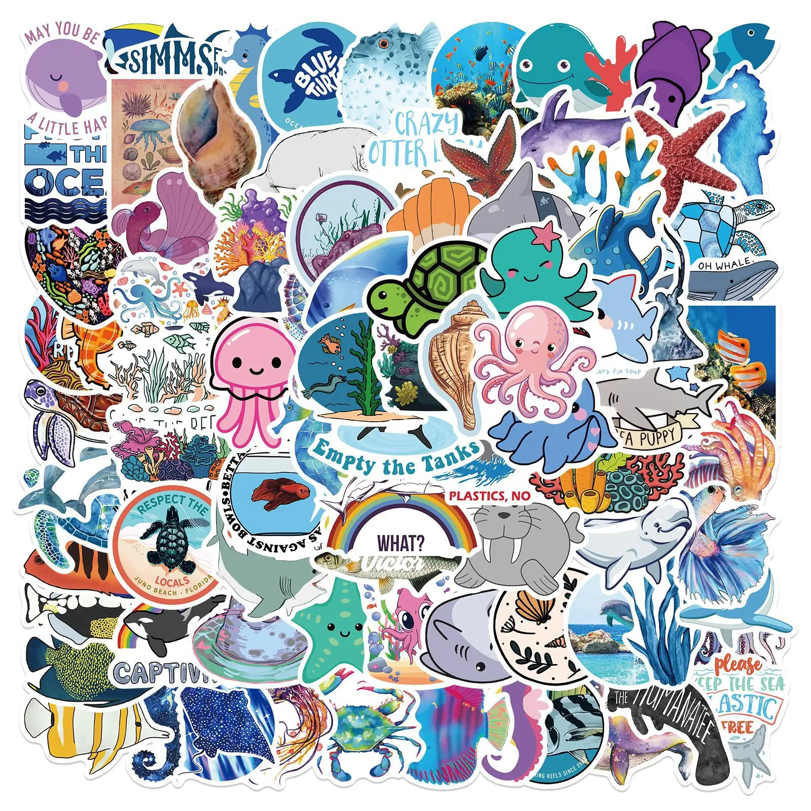 100 Pcs Ocean Stickers for Kids Teens Adults, Under the Sea Animal Stickers, Waterproof Fish Turtle Stickers, Decorative Stickers, Ocean Party Decorations, Graphic Decal, Sticker Packs