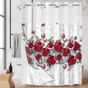 1pc hookless shower curtain with buckle lining, pink rose and butterfly design, 2D print, fabric waterproof lining, double-layer shower curtain, 71 x 74 inches, modern home curtain, Bathroom Curtains, Bathroom Decoration Accessories