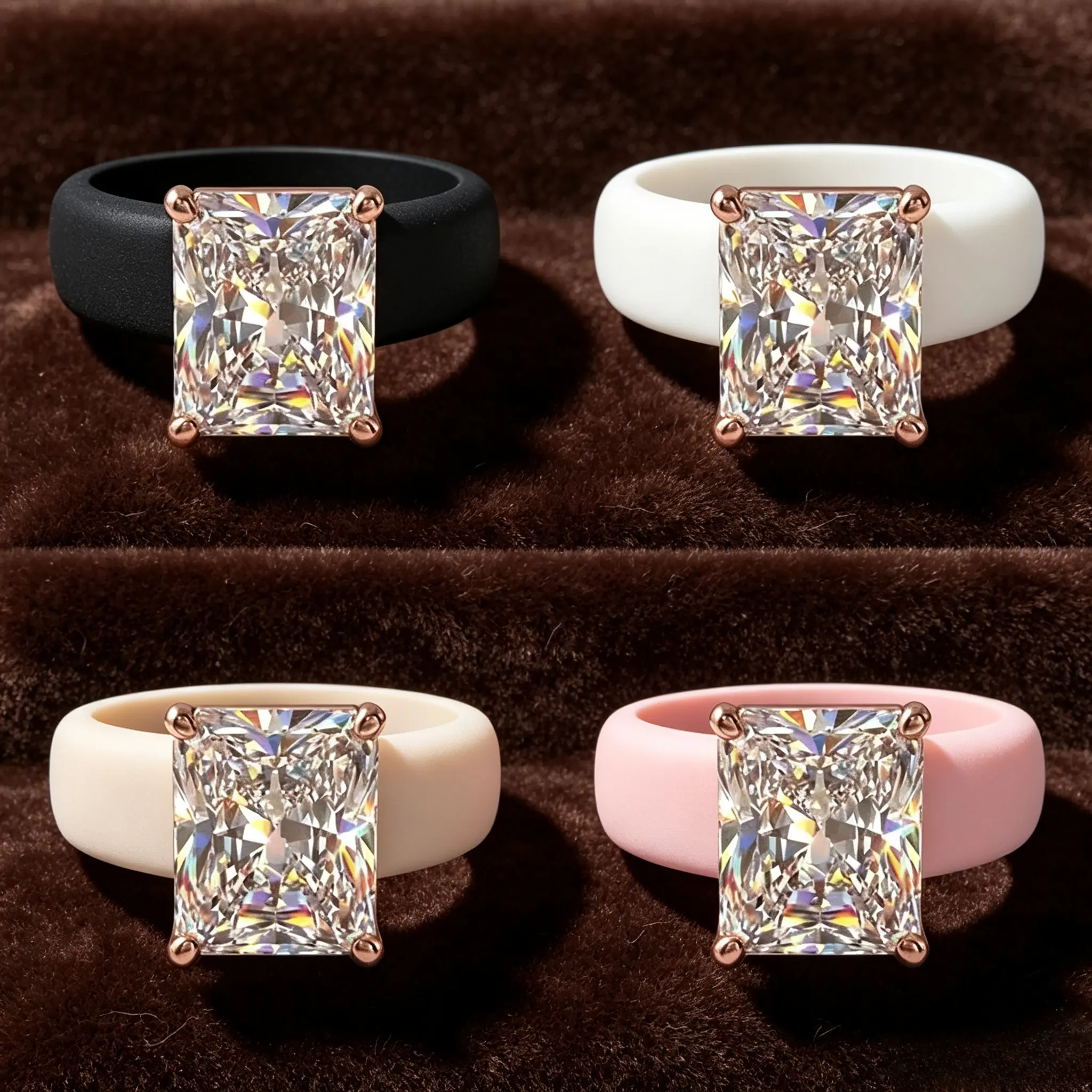 Thoughtful Bridal Gift Idea Multi Tone Radiant Square Simulated Diamond Ring Comfort Stretch Silicone Band Sparkly Rose Gold Prong Ring for Daily & Wedding Occasions
