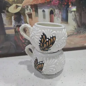 White Talavera Butterfly Mugs Set of 2
