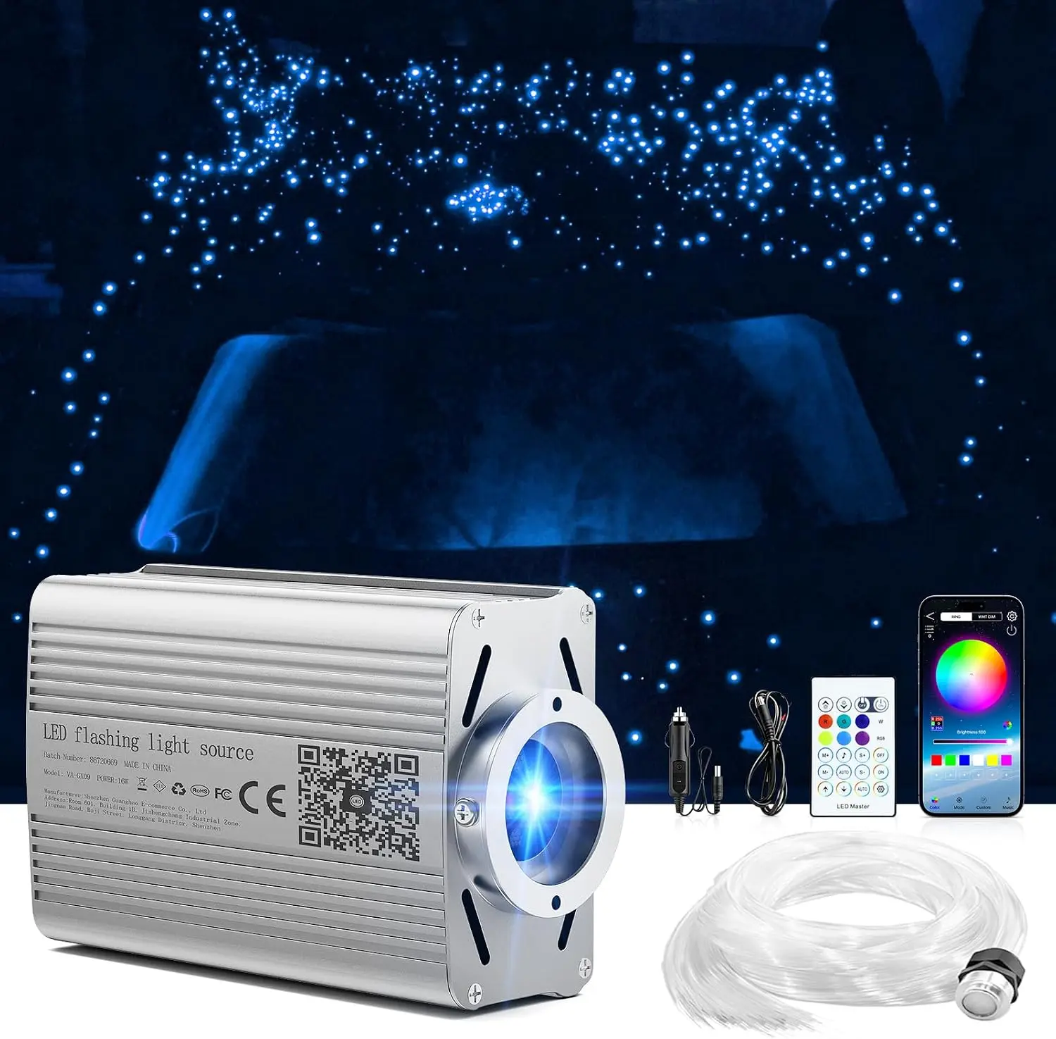 16W Car Starlight Roof Fairy Lights, 12V Sound-Activated Interior Accessories with 1200 Mixed Fibers (0.1in 800pcs + 0.2in 400pcs), Remote + APP Control Ambient Interior Lights for Most Models (Professional Installation Required)