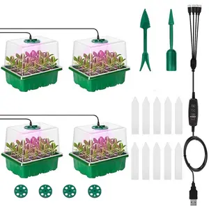 4-Piece Seedling Tray Set with Growth Light, 48-Hole Adjustable Humidity and Temperature Control, Mini Greenhouse, Hydroponic Kit, Indoor/outdoor Gardening