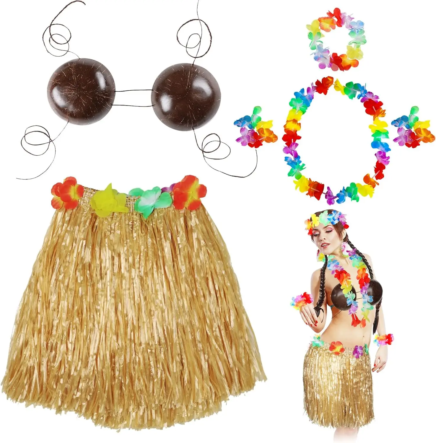 6 Pcs Coconut Bra Hawaiian Grass Hula Skirt Costume Set Dance Leis Outfit for Women Luau Party Supplies,15.7 InchGift.