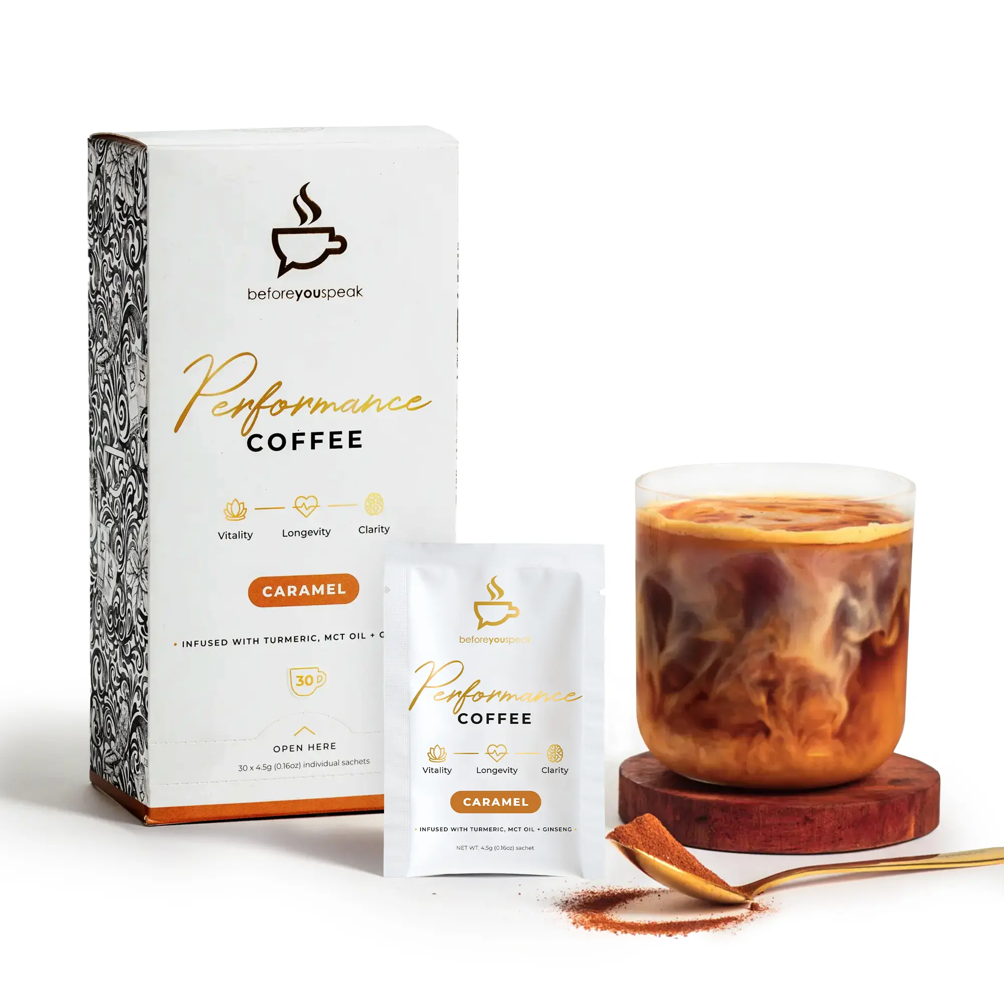 Beforeyouspeak Performance Coffee - Caramel, Instant Colombian Coffee with Functional Ingredients, Single Serve Sachets, Keto & Vegan Friendly, Gluten Free, Dairy Free, No Added Sugar