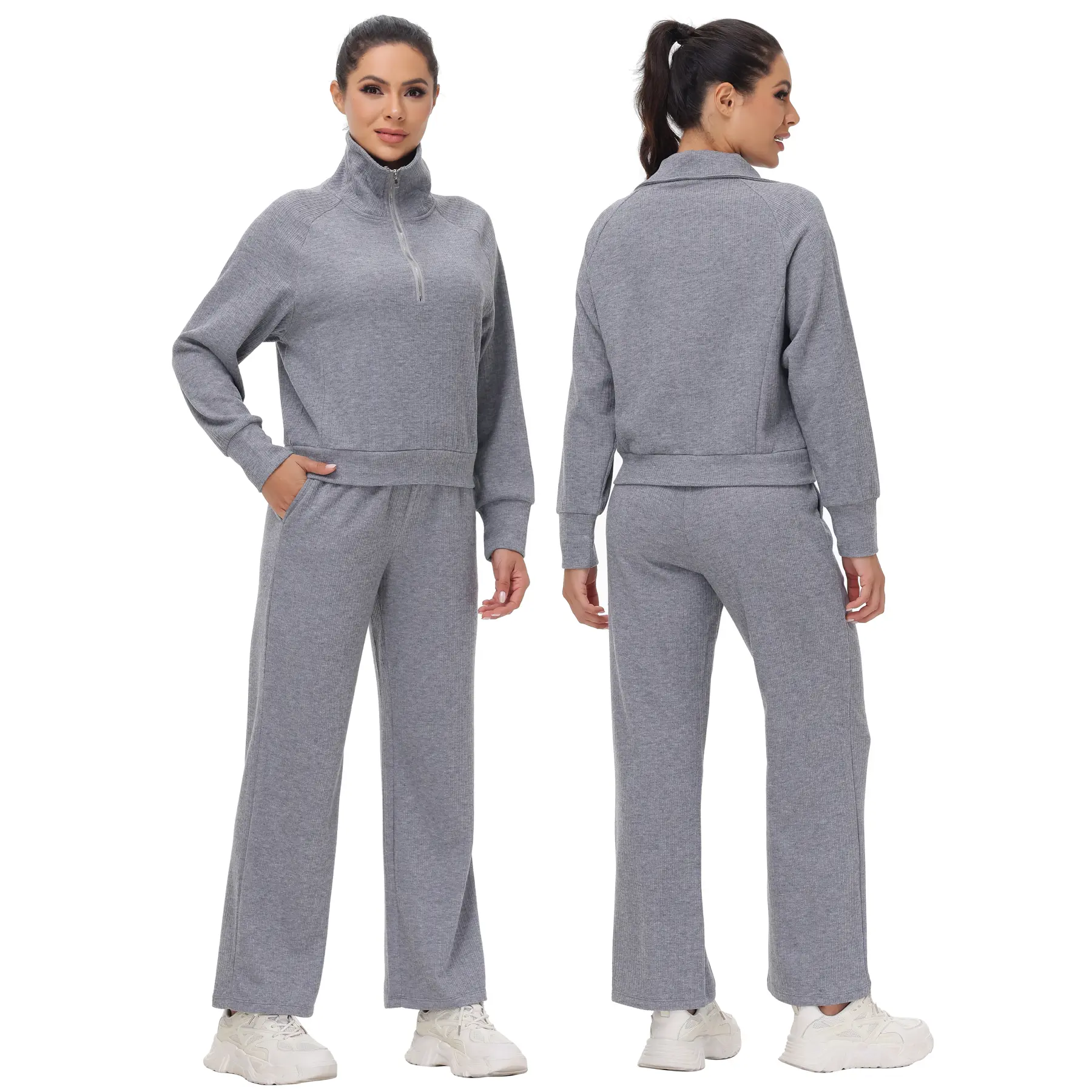 Women's 2-Piece Solid Tracksuit Set - Sporty Style Casual Sportswear with Sweatshirt & Wide Leg Pants, Fall Womens Fitness Fitness Clothes for Travel & Athletic Workout