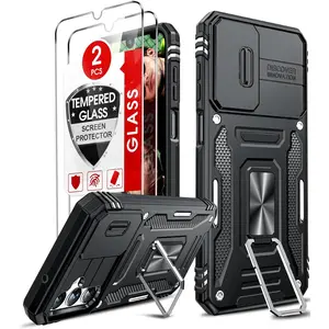 Discover Innovation Compatible for Galaxy A14-5G Phone Case with 2 Pack Tempered Glass Screen Protectors Stand & Slide Camera Cover Black