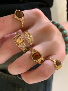 Women's Fashion Jewelry Set, 5-Piece Stackable Rings Rhinestone Studded Design, Rhinestone Decorated Ring, Trendy Daily Wear & Party Accessories, Perfect Gift Choice, Layered Looks