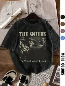 Men's Letter Print T-shirt, Vintage The Smiths Rock Band Album Cover Graphic Print Round Neck Tee, Casual Comfy Loose Short Sleeve T-shirt for Summer