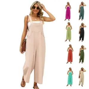 Tanmimg Women's Sleeveless Wide Leg Jumpsuits Loose Linen Overalls Rompers with Pockets