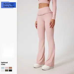 Butterluxe Peach Lifting Flare Yoga Pants - High-Waisted Lace Trim Naked Feel flare high waist Polyamide Leggings Activewear Leggings Pink Sweatpants Fitness Summer Bottoms Fitness Trousers