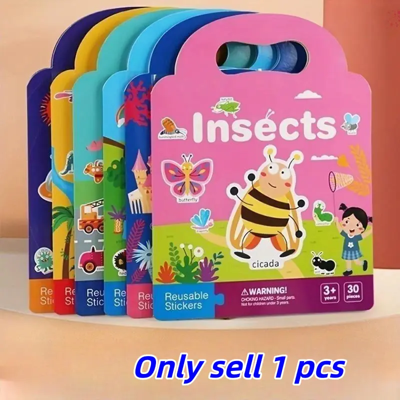 Reusable Sticker Activity Book Waterproof Dual-Sided Design with Dinosaurs Animals Insects Vehicles Educational Toy Learning and Cognitive Development Mixed Colors Paper Material for Kids Stickers Book