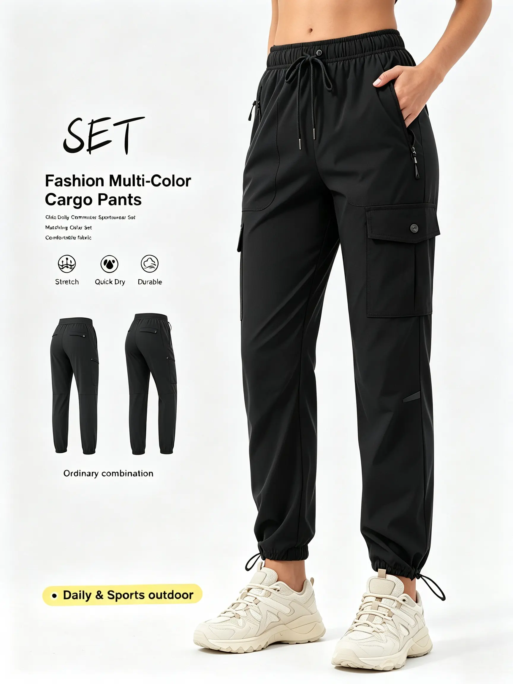 Lightweight Stretch Quick Dry Women Cargo Pants With Button Flap Pockets Elastic Waist Adjustable Cuffs, Outdoor Trekking Hiking Camping Jogger Trousers For Daily Travel Casual Outfit sportswear sporty long loose-fitting sweatpants