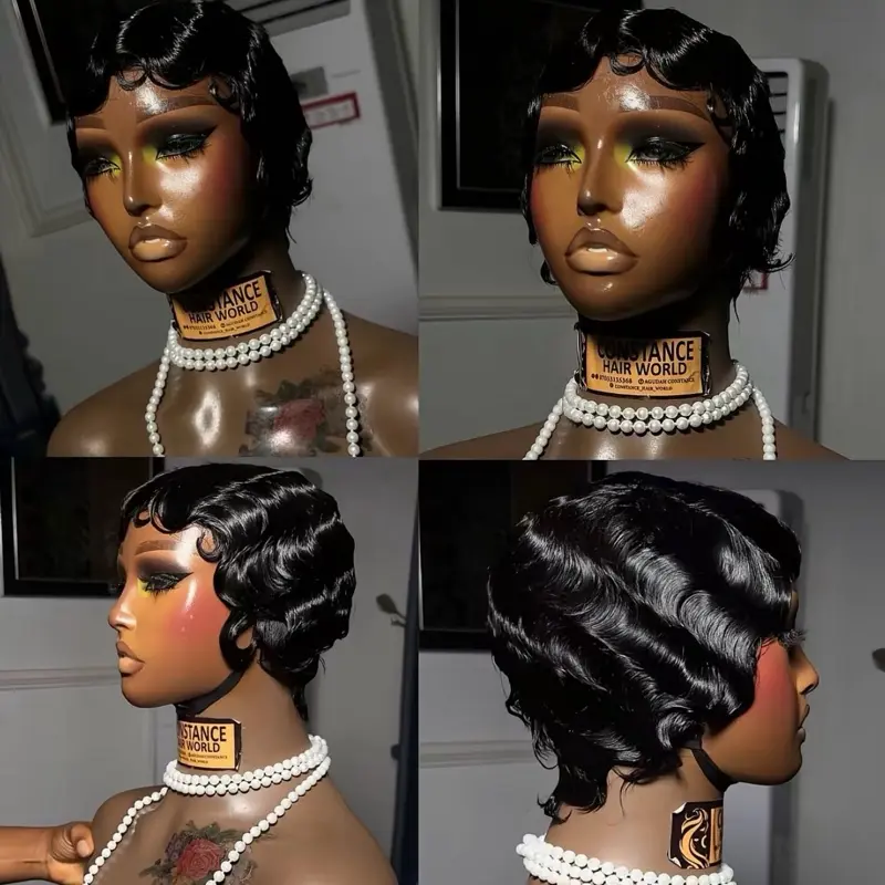 Pixie Cut Wigs Short Finger Wave Wig Brazilian Virgin Human Hair Wigs Straight Machine Made None Lace Hair Mommy Hair for Black Women 4 Inch Length