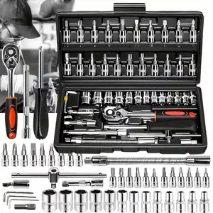 Metal household repair tool set, 1/4 inch drive socket ratchet torque wrench set, with flat-head, square-head and star-head screwdrivers and extension rods, suitable for furniture repair, bicycle, motorcycle and car repair tools