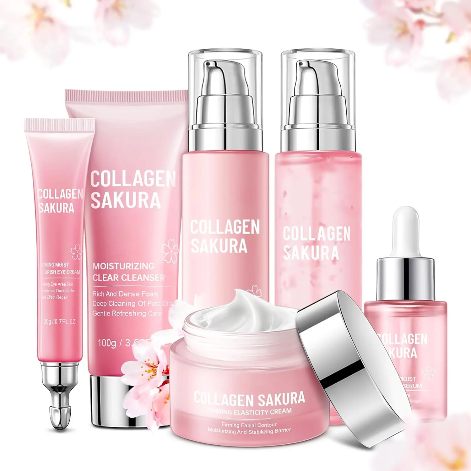 SADOER Korean Skincare Pink Collagen Sakura Gift face facial Set - 6-Step Daily Glow boosting Routine Kit for Beginners, Skin Repair Support hydration Cherry Blossoms Skin Care Kit