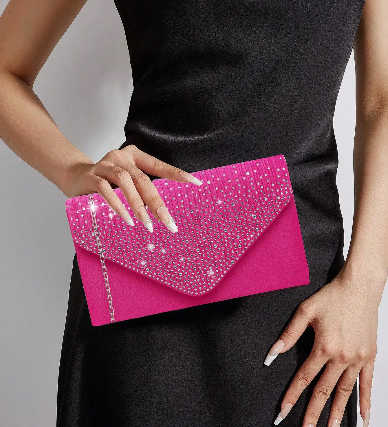 LAKSMI Women's Satin Rhinestone Clutch Purse - Glittery Convertible Crossbody Bag with Detachable Chain, Magnetic Closure, Basic Retro Chic Holiday Evening Handbag