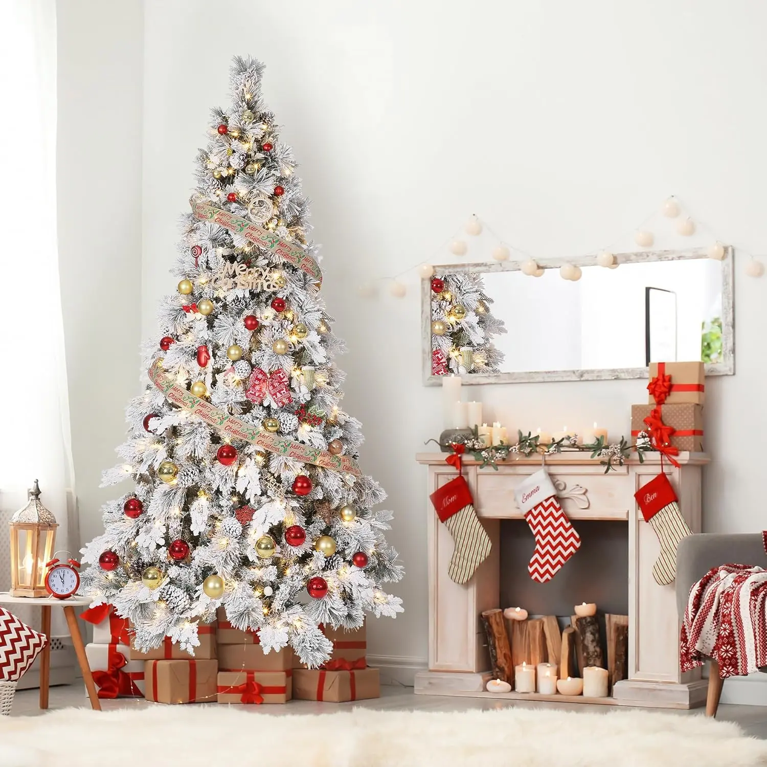 8 ft Fluffy PVC Flocked Spruce Artificial Christmas Tree, Incandescent Warm Lights, Metal Foldable Stand, Tapered Tips, Light-Up PVC Holiday Decor for Home & Party Rooms
