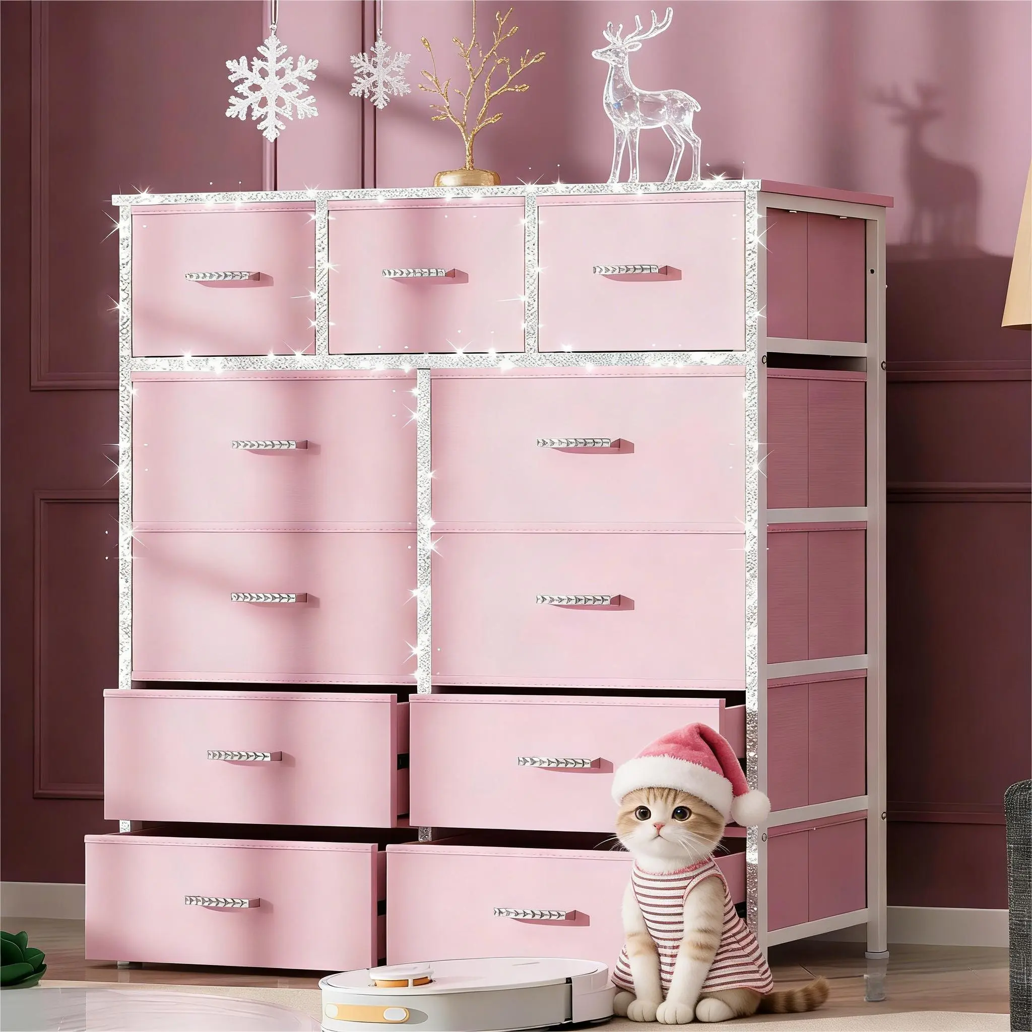 Mr IRONSTONE Tall Dresser with 11 Drawers, White Dresser for Bedroom Drawer Organizer Storage Drawers, Fabric Storage Tower with 9 Drawers, Chest of Drawers with Steel Frame, Wood Top for Nursery, Living Room, Closet, Deals for You Days