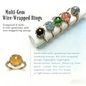 Crystal Ring with Strawberry Quartz Labradorite Tiger's Eye Dried Green Stone Shoushan Stone 14K Gold Plated Handmade Multi Gem Wire Wrapped Rings