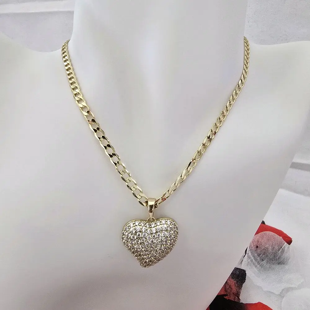 14 Karat Gold Plated Cuban Link Chain - Love Necklace with Gold Crystal Heart Pendant, Sparkling Luxury High-End Diamond-Encrusted Large Statement Necklace for Everyday Wear, Gold Crystal Pendant, Sparkling Gold Necklaces