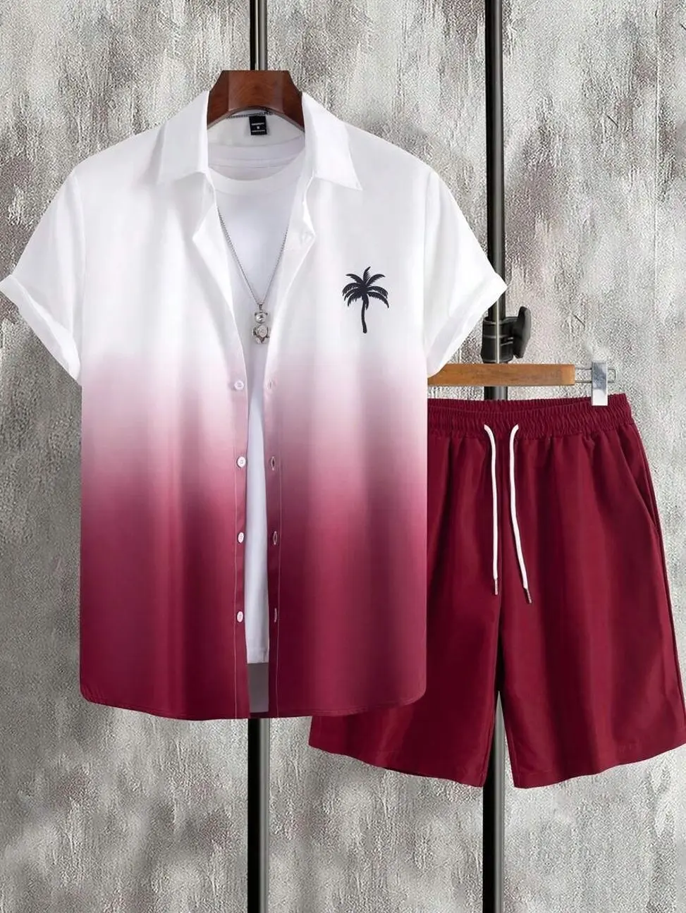 Men's Coconut Tree Ombre Print Shirt & Shorts Set - Vacation Beachwear, Casual Summer Cozy Outfits