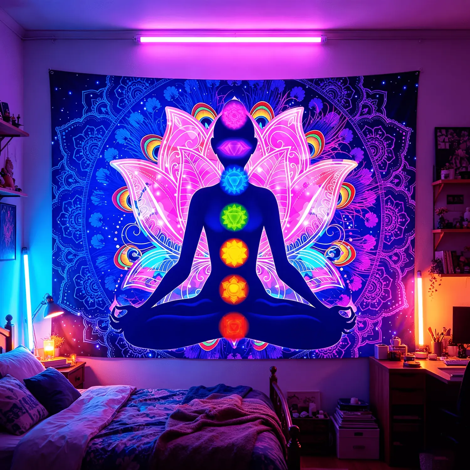 1 Piece Bohemian Mandala 7-Chakra Yoga Meditation Tapestry - Colorful Peach Skin Glossy Fluorescent Home Supplies, Indoor/Outdoor Decorative Wall Hanging, with Free Accessories, Indoors, Comes With Free Accessories, Aesthetic, Bedroom Decor