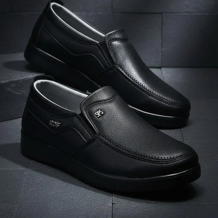 Men's Korean Flexible Slip-On Leather Loafers - Wide Round Toe Business Casual Footwear, Rivet Accent, Breathable Print Fabric, Wear-Resist Non-Slip Rubber Sole Ankle Espadrille Shoes, All Seasons, Steady Traction, Father's Day Gift