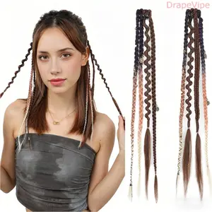 2-Pack 16" Boho Clip-In Braided Hair Extensions with Beads & Charms Lightweight Synthetic Pre-Braided Clip Ins for Women & Teens, Damage-Free Quick Style, Reusable, UV & Fade-Resistant Fiber, Perfect for Festivals, Cosplay, Summer, Beach
