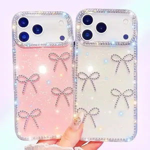 Luxury Glitter Phone Case,Sparkling Diamond Glitter Back with Bows for Girls Women Slim Protective Cover for iPhone 17 Pro Max,Plus,16/15/14/13 Series