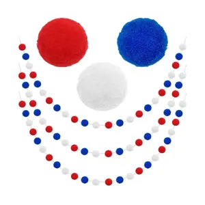 Pom Pom Garland 4th of July Decorations, Patriotic Red White Blue Felt Ball Garland, 3-Pack 6.6ft Long 24 Cute Pompom Balls String, Christmas Tree Decor Ornaments for Home Birthday Holiday Party
