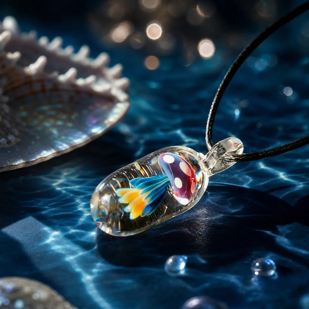 Women's Hand-Blown Glass Jellyfish Pendant Necklace - Iridescent Ocean Theme Jewelry, Ethereal Healing Coastal Art, Unique Spiritual Gift Idea