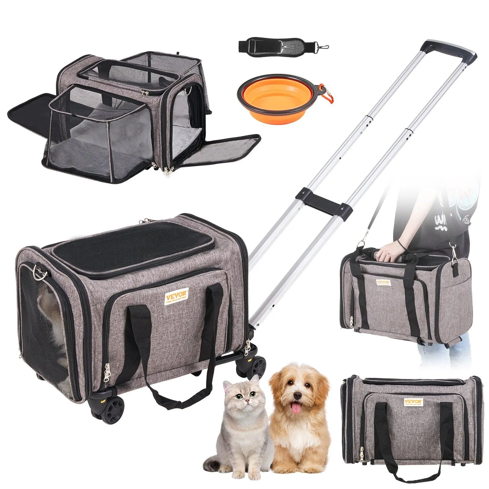 VEVOR Rolling Animal Carrier Backpack for Cats & Dogs, Airline Approved, 17.5x11.2x11.4 in, 25 lbs Capacity, Telescopic Handle, Shoulder Strap, Self-Lock Zipper (Prevents Escapes), Bump-Free Roll, 1 Folding Bowl