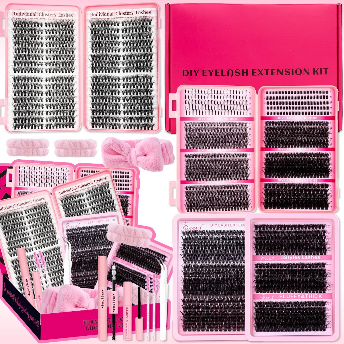 Spikes/Bottom Cat Eye Lash Cluster Kit, 30D40D60D70D80D, 3D Thick Lashes Clusters Kit with Spikes Bottom, Natural Cat Eye Lash, Eyelash Extension, Bond &Seal, Remove, Tweezers, Headband, Easy DIY Salon Look at Home, Long-Lasting Glam for Beginners