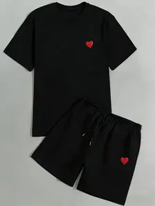 "Trendy Red Heart Print Matching Set - Soft Breathable 2 Piece Outfit for Men & Women, Minimalist Streetwear T-Shirt & Shorts, Viral Loungewear for Home, Gym & Daily Wear, Y2K Aesthetic Cozy Tracksuit, Casual Street Style Look"