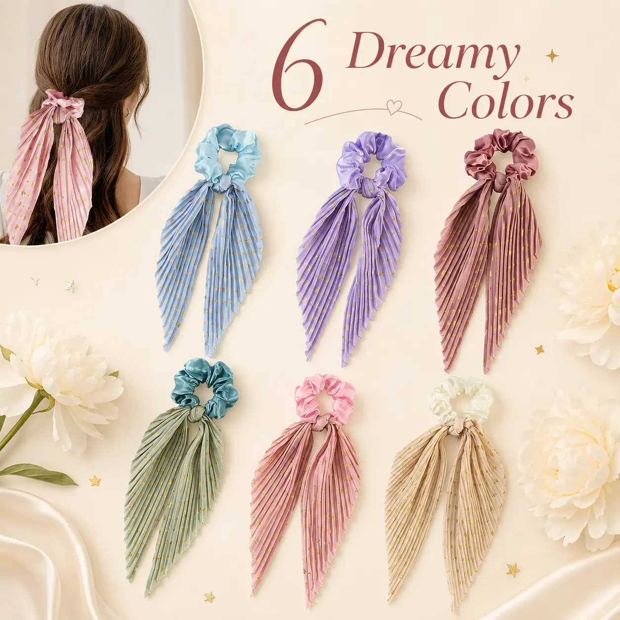Pack of 6 Long Tail Scarf Scrunchie Hair Tie for Women, Pleated Ribbon Ponytail Holder with Gold Print, Cute Elegant Hair Accessory for Ponytails Buns & Everyday Outfits