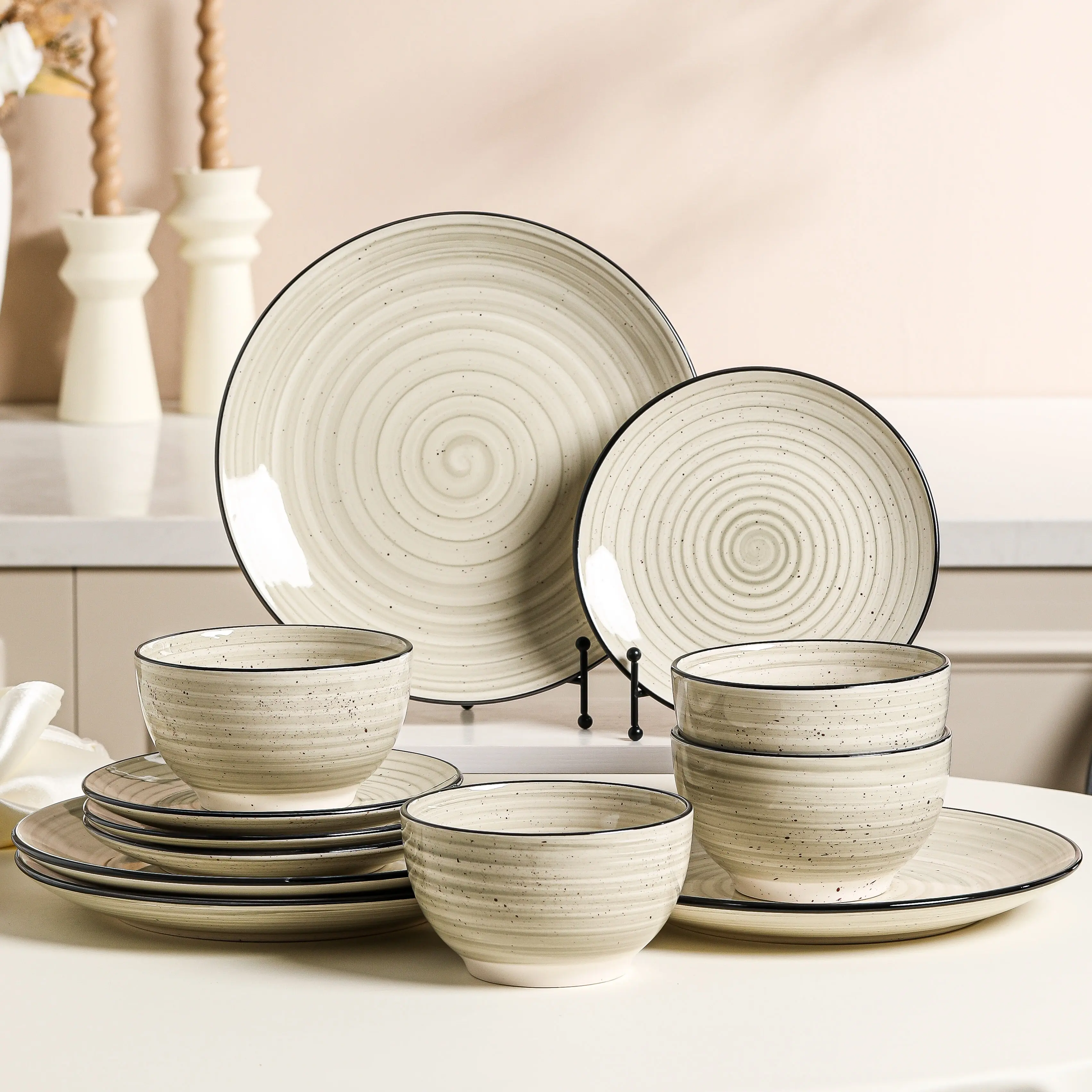 Malacasa 12 Pcs Dinnerware Sets, Stoneware Plates and Bowls Set, Tableware Dishwasher Microwave Safe, Serves for 4 People, Beige