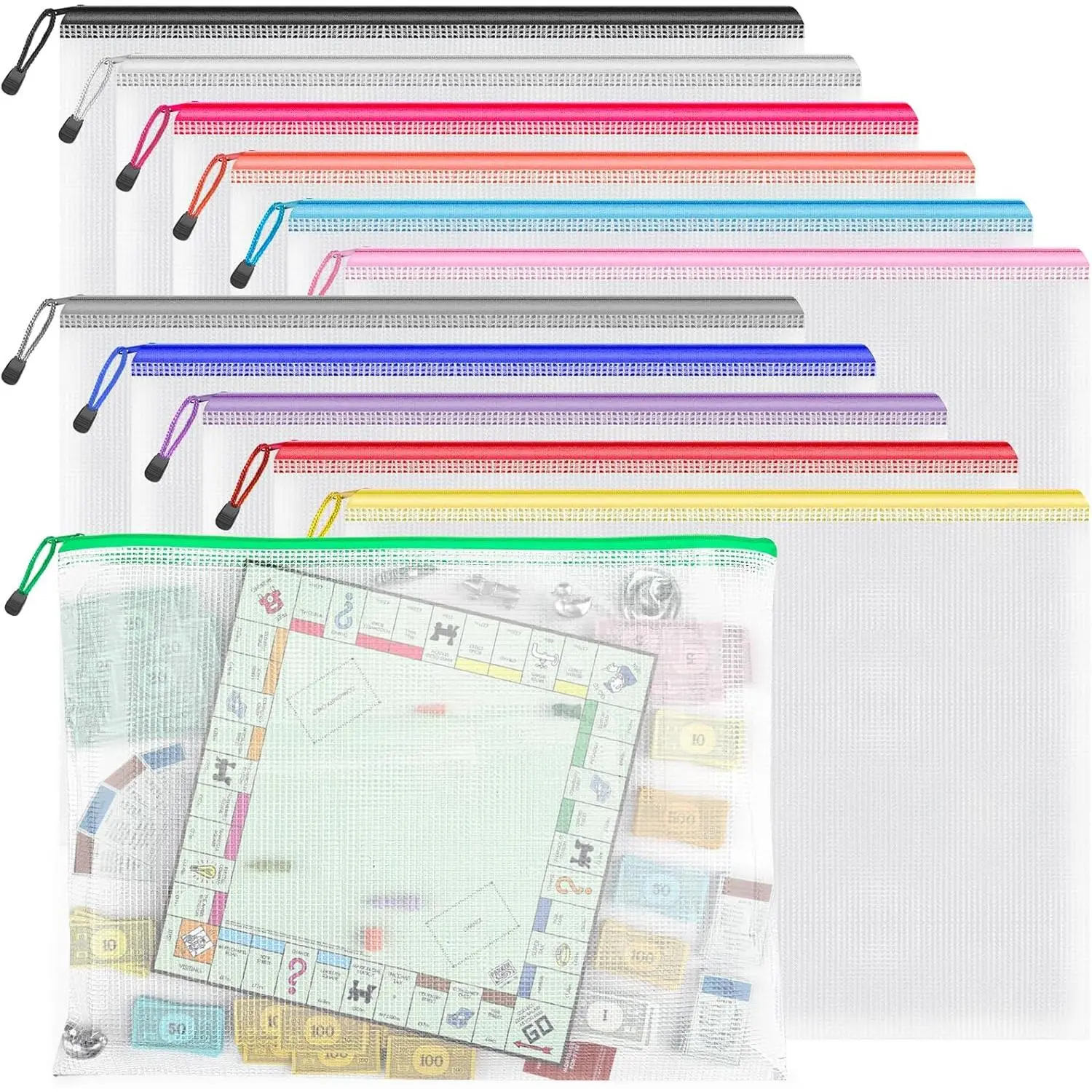 A-Multicolored Extra Large Waterproof Zipper Pouch Organiser (12 Packs, 12 Colors, 16.9x12.4in) - Multifunctional Plastic Accessory Pouch Storage Bag for Office Supplies, Puzzle Storage