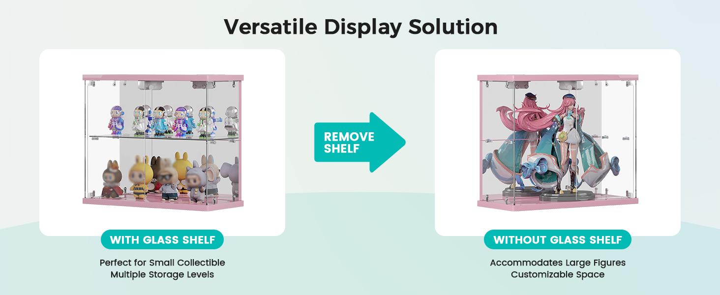 Miu vanity Display Cabinet with Glass Doors,Storage Cabinet with 3 color light,2-Tier Curio Cabinet case for Collectibles,Toys，Books，for Playroom，Bedroom，Study Room,Black,Pink