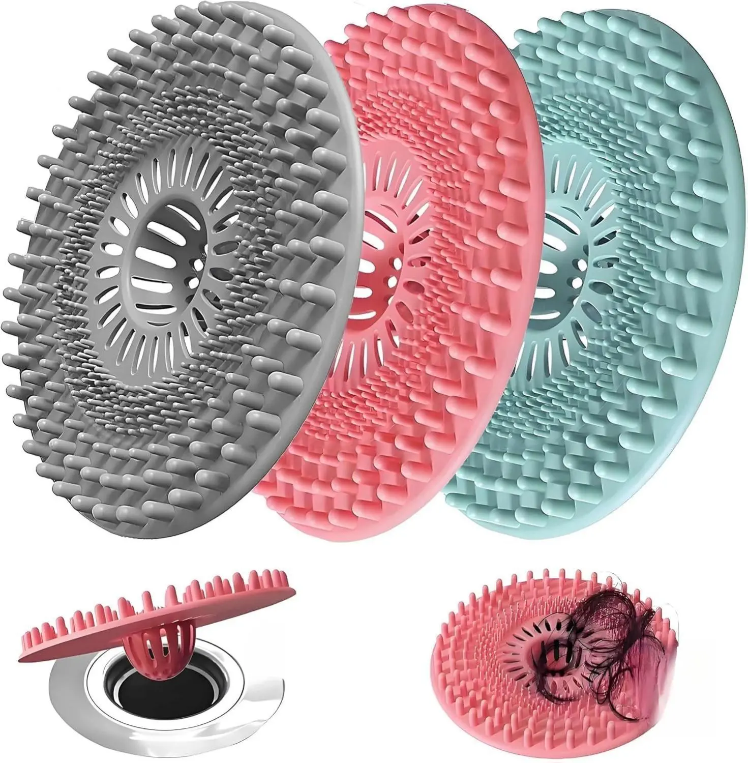 [New Deal] Silicone Hair Catcher Drain Cover - Clog-Free Bathroom Sink/Bathtub Strainer Stopper Trap Collector, Patented 3-Pack Modern New Home Essential Bathroom Gadget