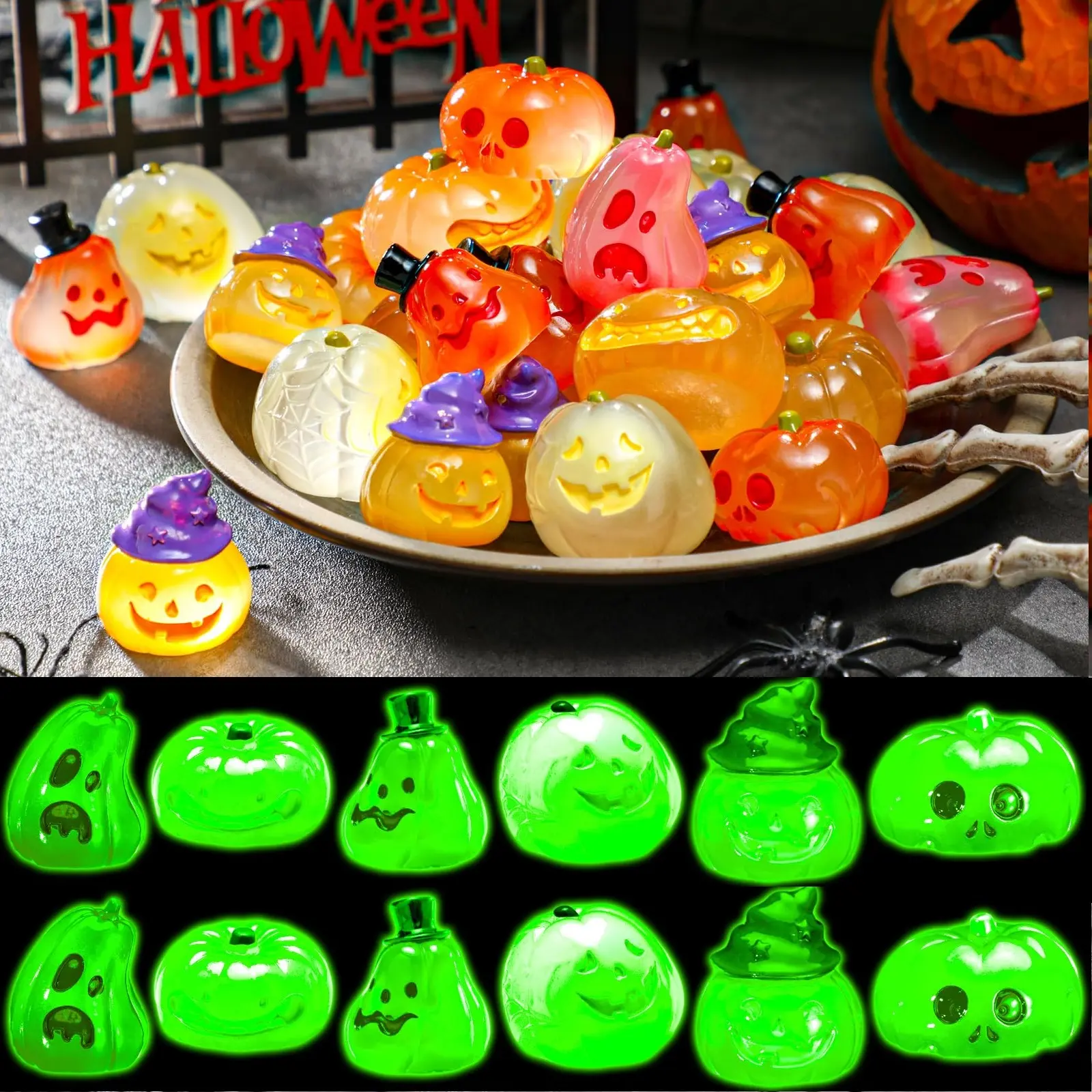 Halloween Luminous Pumpkins Figures Glow in The Dark Luminous Pumpkins Statue with Spooky Emojis 3D Gnome Mini Duck Figures Gnome Figures Resin Decoration for House Desktop, Luminous Gift Indoor Outdoor Decorative Figurine