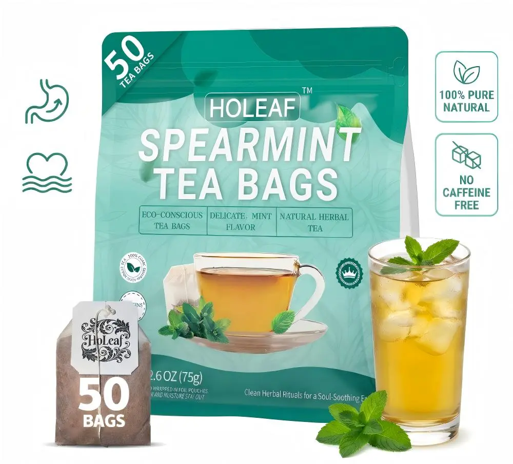 HoLeaf Spearmint Tea Bags, 50 Count Individually Wrapped, Caffeine Free Herbal Tea, Compostable Eco Friendly, Fresh Cooling Mint Flavor, Foil Sealed for Freshness, No Additives, Hot & Iced Tea for Daily Use
