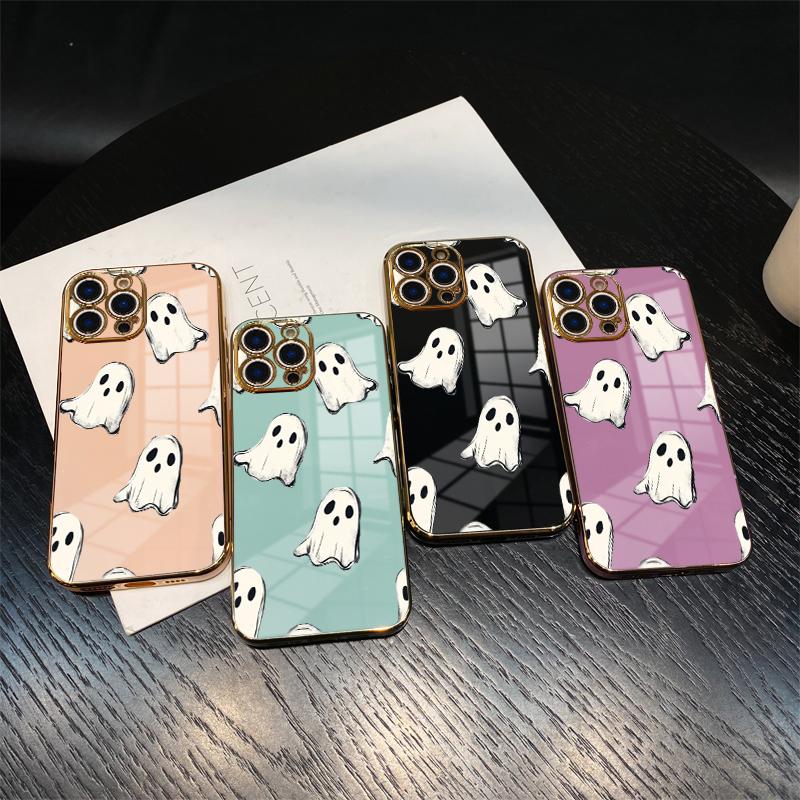 Ghostly Pattern Phone Case for iPhone 16 15 14 Pro Max 13 12 11 XR XS Plus Electroplated Four-corner Shockproof Non Slip Military-Grade Protection Silicone Cover