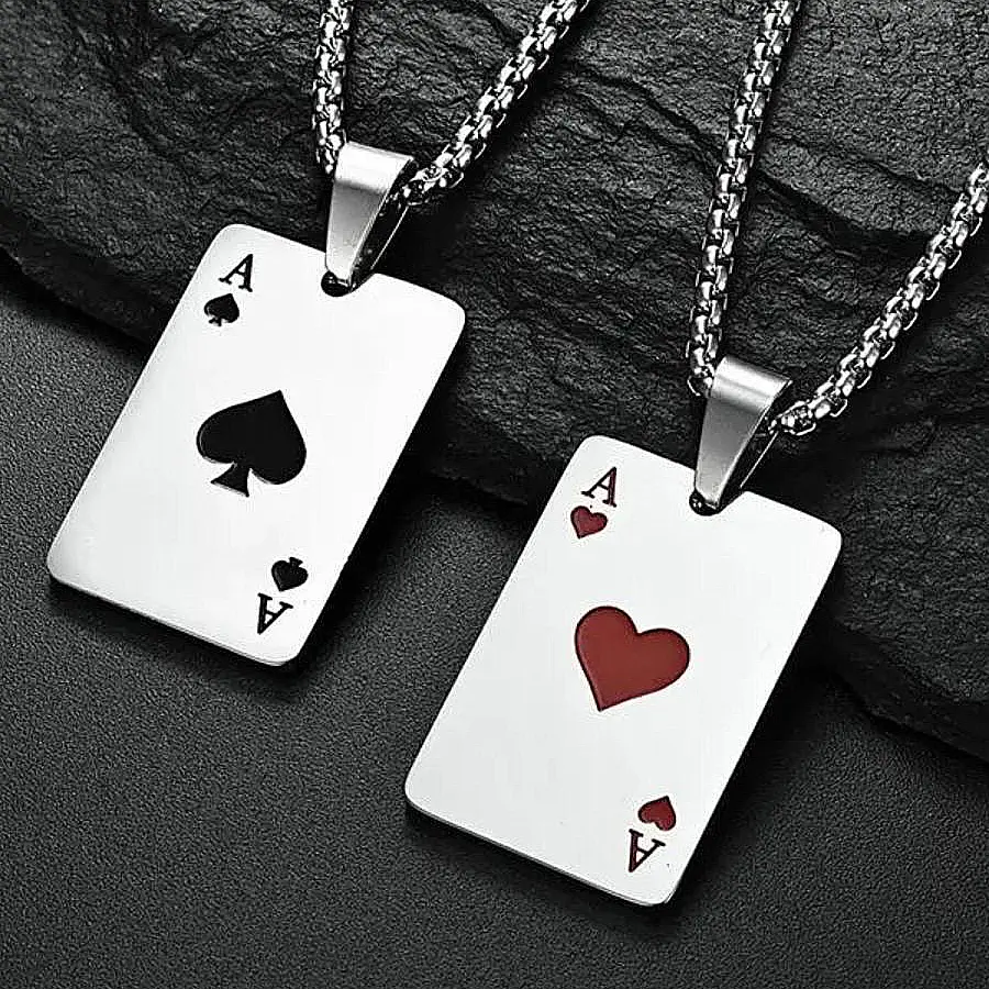 Trendy Stainless Steel Poker Card Pendant Necklace - Ace of Hearts (Red), Ace of Spades (Black) with Steel Finish, Zinc Alloy Accent Adds Sleek Polish, Lightweight Pendants - Casual Necklaces for Women, Men's Accessories, Party Gift, Poker Card Statement
