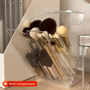 Clear Acrylic Makeup Brush Holder - Adjustable Desktop Organizer for Cosmetics, Transparent Plastic Storage Box with Multiple Compartments for Brushes and Beauty Tools, Perfume Organizer