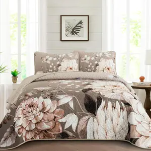 Floral Queen Size - 3 Pieces Brown Botanical Bedspread Soft Lightweight Flower Bedding Set for All Season (96"x90")